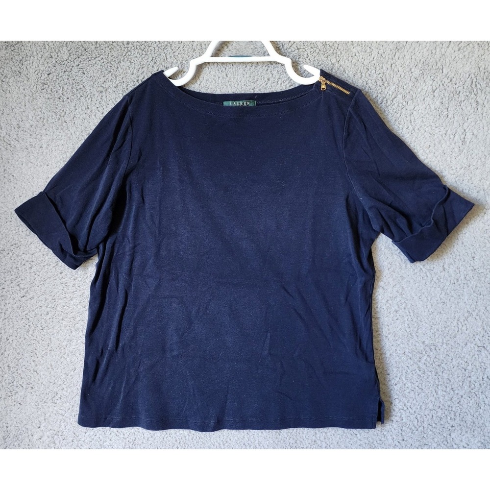 Ralph Lauren Knit Top Size 1X Blue Boat Neck Shoulder Zipper Short Rolled Sleeve